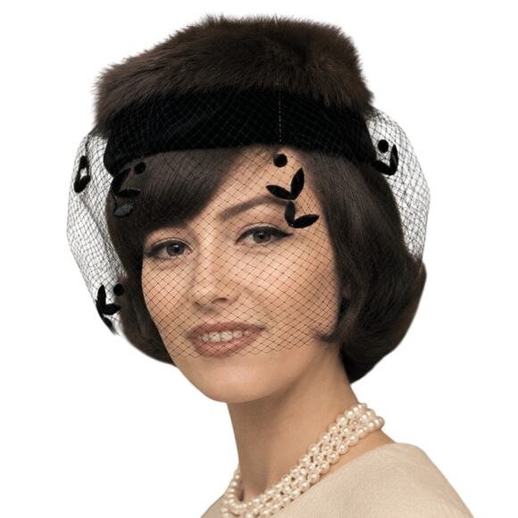 Vintage 1960s Brown Fur Ring Hat Black Velvet Veil Fascinator main image 8